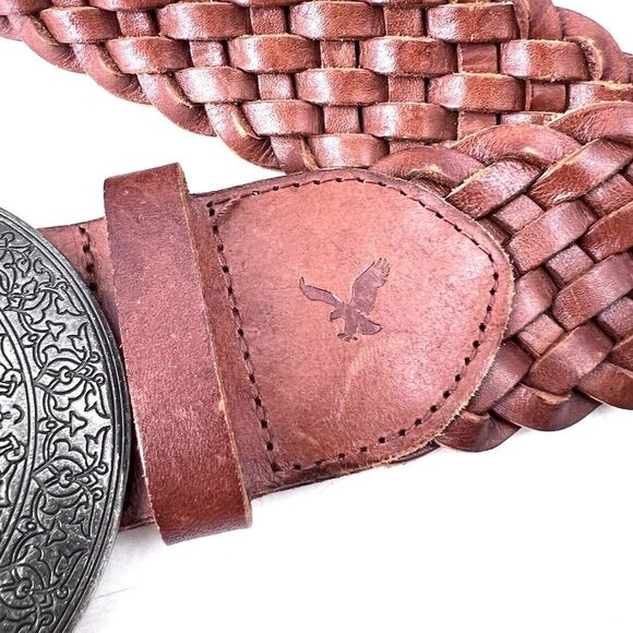 American Eagle Brown Leather Woven Braided Boho 2" Wide Hook Belt Womens Small - Picture 4 of 6